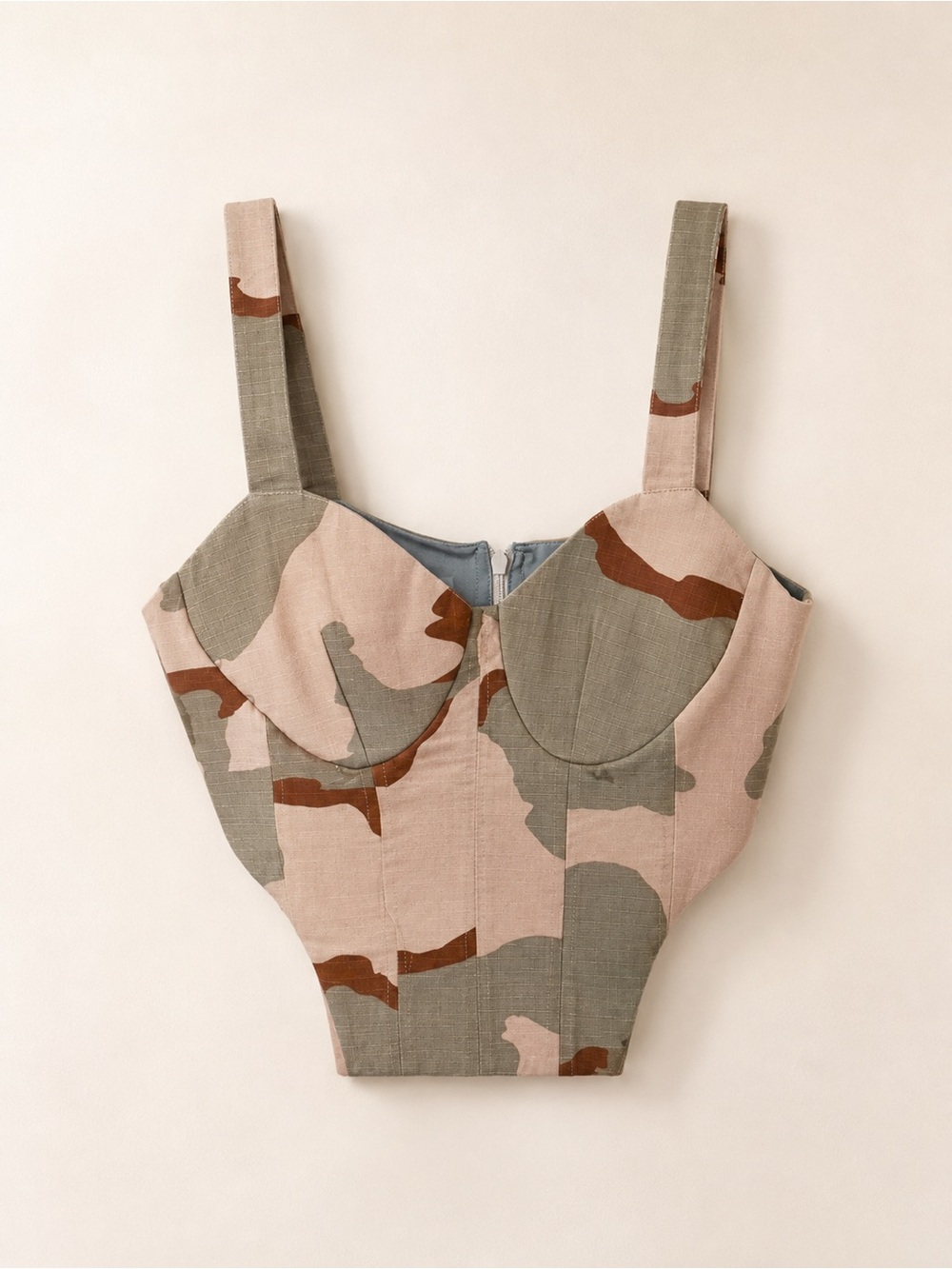 Camo bustier corset top, basque waist structured tank
